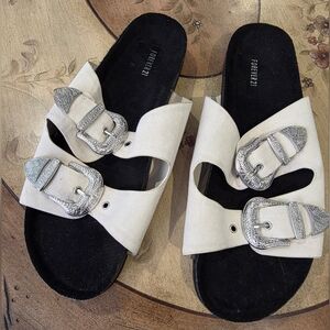 Womens Forever 21 Western Double Buckle Sandals Cream Silver-Tone 9